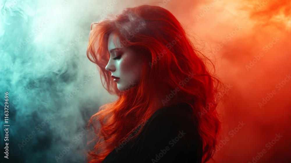 Woman with vibrant red hair, profile view, surrounded by colorful smoke. Woman with vibrant red hair, profile view, surrounded by colorful smoke.
