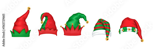 Christmas elf hats with bells and pointy tips realistic color icons set. Cheerful holiday atmosphere 3d objects bundle on white background