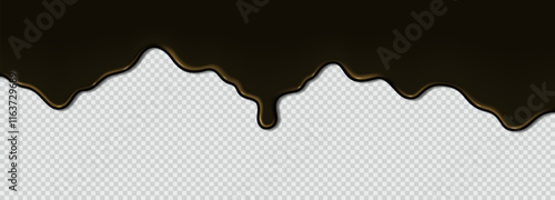 Flowing liquid sticky machine black oil, petroleum pollution. Liquid wave of thick dark paint, bitumen on transparent background. 3d realistic vector illustration. Top horizontal border of the frame