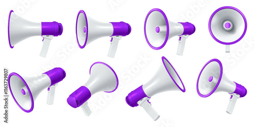 Modern loudspeakers with purple details realistic vector illustration set. Bullhorns for public communication 3d models on white background