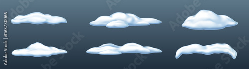 Various snow piles on winter day realistic color icons set. Cold season weather conditions 3d objects collection on grey background