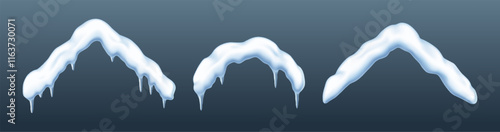 Snow caps of houses roofs realistic color icons set. Snowdrifts with icicles for Christmas 3d objects collection on grey background