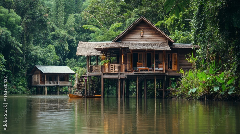 A wooden cabin stands on stilts above calm water, surrounded by dense greenery and vibrant foliage, creating a peaceful retreat in nature. A small boat is tied to the cabin's porch A wooden cabin stands on stilts above calm water, surrounded by dense greenery and vibrant foliage, creating a peaceful retreat in nature. A small boat is tied to the cabin's porch