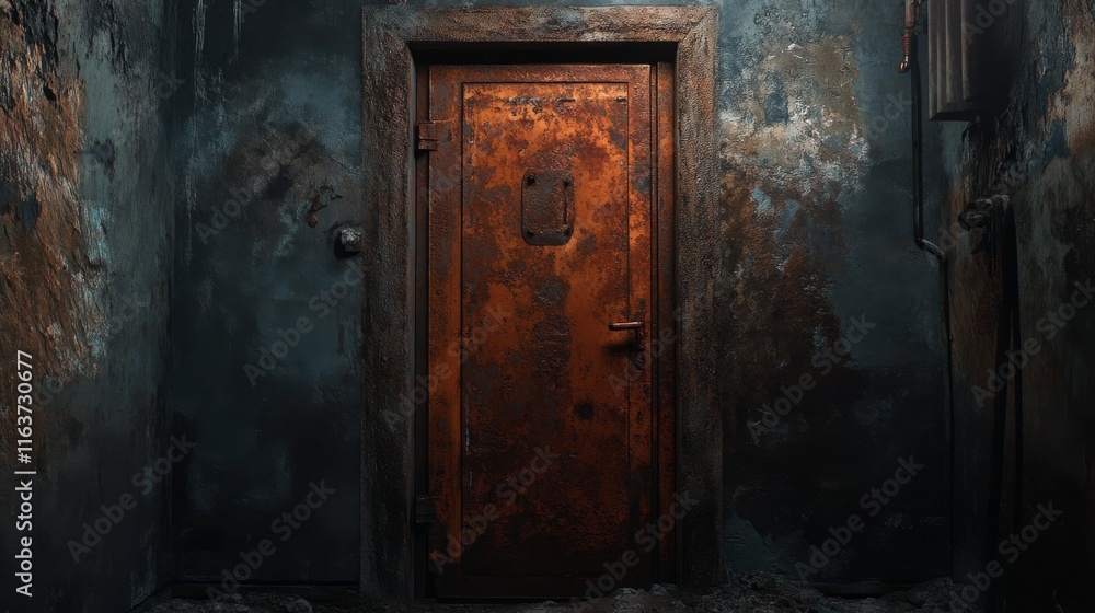 A rusty door stands closed in a dark, neglected room with damp, peeling walls. The atmosphere is eerie and foreboding, suggesting past stories and hidden secrets within A rusty door stands closed in a dark, neglected room with damp, peeling walls. The atmosphere is eerie and foreboding, suggesting past stories and hidden secrets within