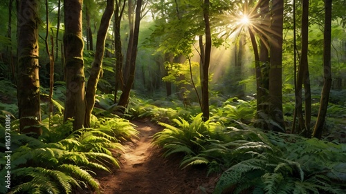 Realistic Forest Scene with Sunlit Path – Lush Greenery and Golden Sunrise photo