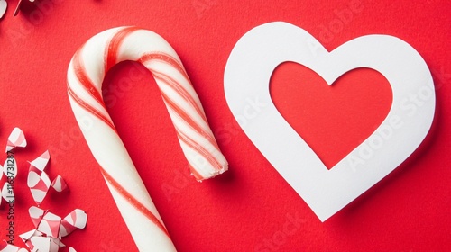 Sweet Candy Cane and Heart on Red Background Valentine's Day