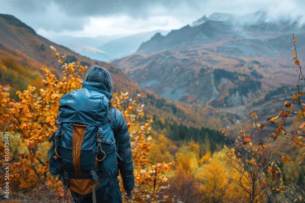 Naklejka premium Hiker overlooking autumn landscape with mountains and colorful foliage in the background