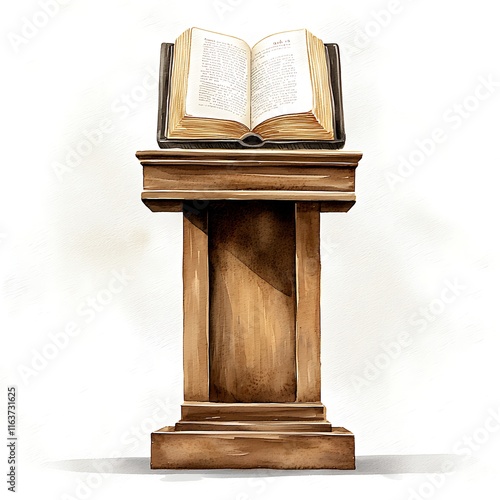 Watercolor illustration of an antique wooden lectern with an open book resting on it.