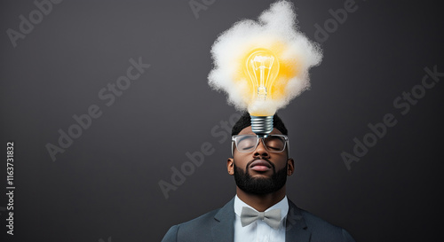 reative portrait of a man with a lightbulb glowing above his head, symbolizing enlightement and innovation. Minimal concept with copy space. photo