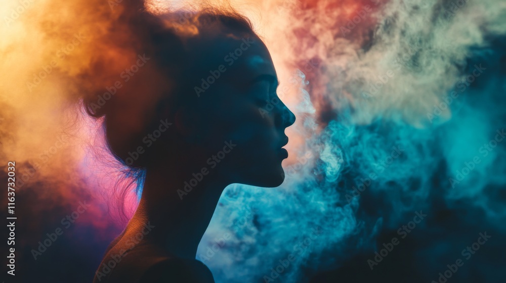 Woman's profile silhouetted against colorful smoke. Woman's profile silhouetted against colorful smoke.