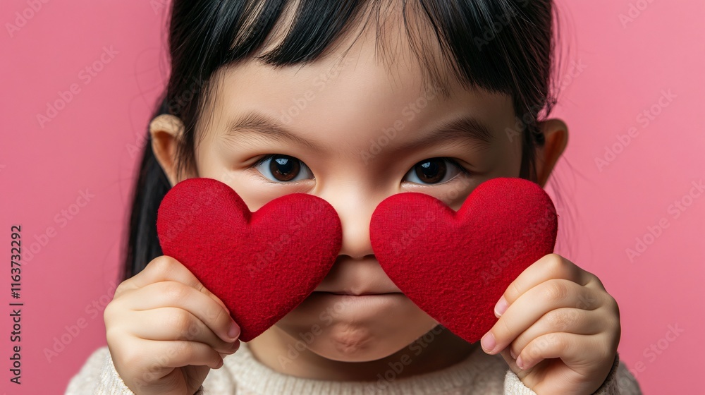 Adorable Little Girl Hiding Behind Red Hearts Valentines Day Adorable Little Girl Hiding Behind Red Hearts Valentines Day