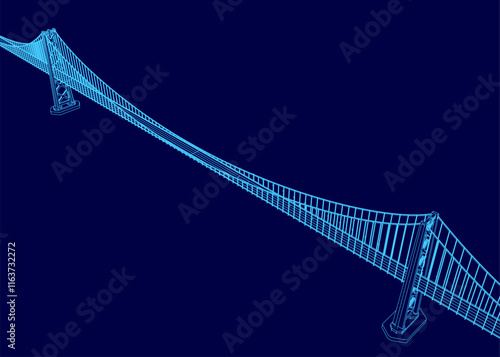 Bridge is shown in blue with a very long span. The bridge is very tall and is made of metal