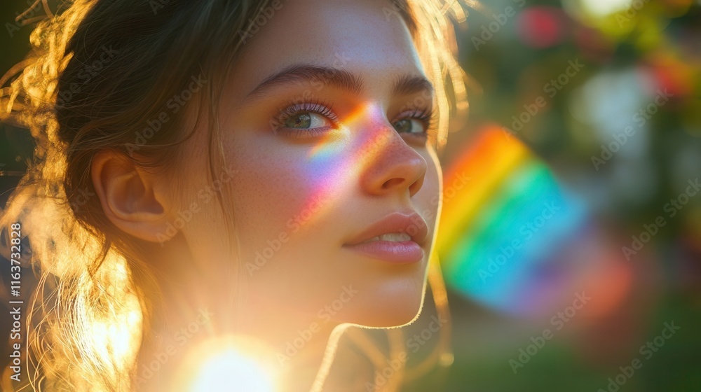 Cheerful female portrait with radiant rainbow effect. Cheerful female portrait with radiant rainbow effect.