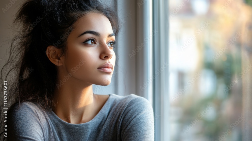 Young woman looking out window, thoughtful expression. Young woman looking out window, thoughtful expression.