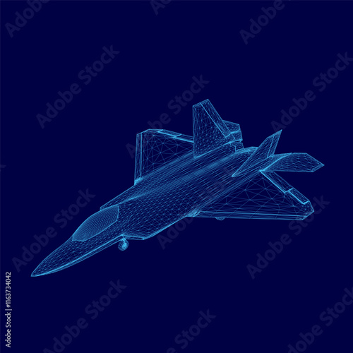 Blue jet is flying in the sky. The jet is a fighter jet and is in the air