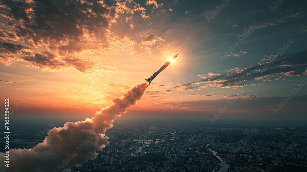 Obraz premium Missile launch targeting a city. A representation of war, military conflict, and destruction.
