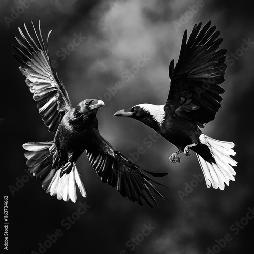 Dramatic black and white birds mid-air dance feathers dual flight grace contrast photo