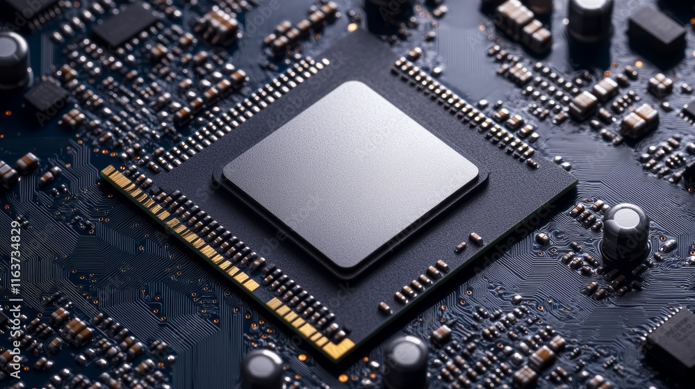 Close-up of a Modern Processor Chip on a Dark Blue Circuit Board, Detail of Electronic Components Close-up of a Modern Processor Chip on a Dark Blue Circuit Board, Detail of Electronic Components