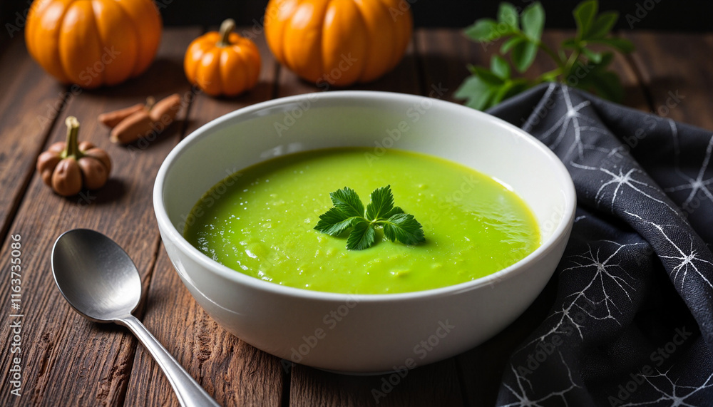 Finnish pea soup garnished with parsley on Halloween-themed table, festive culinary art Finnish pea soup garnished with parsley on Halloween-themed table, festive culinary art