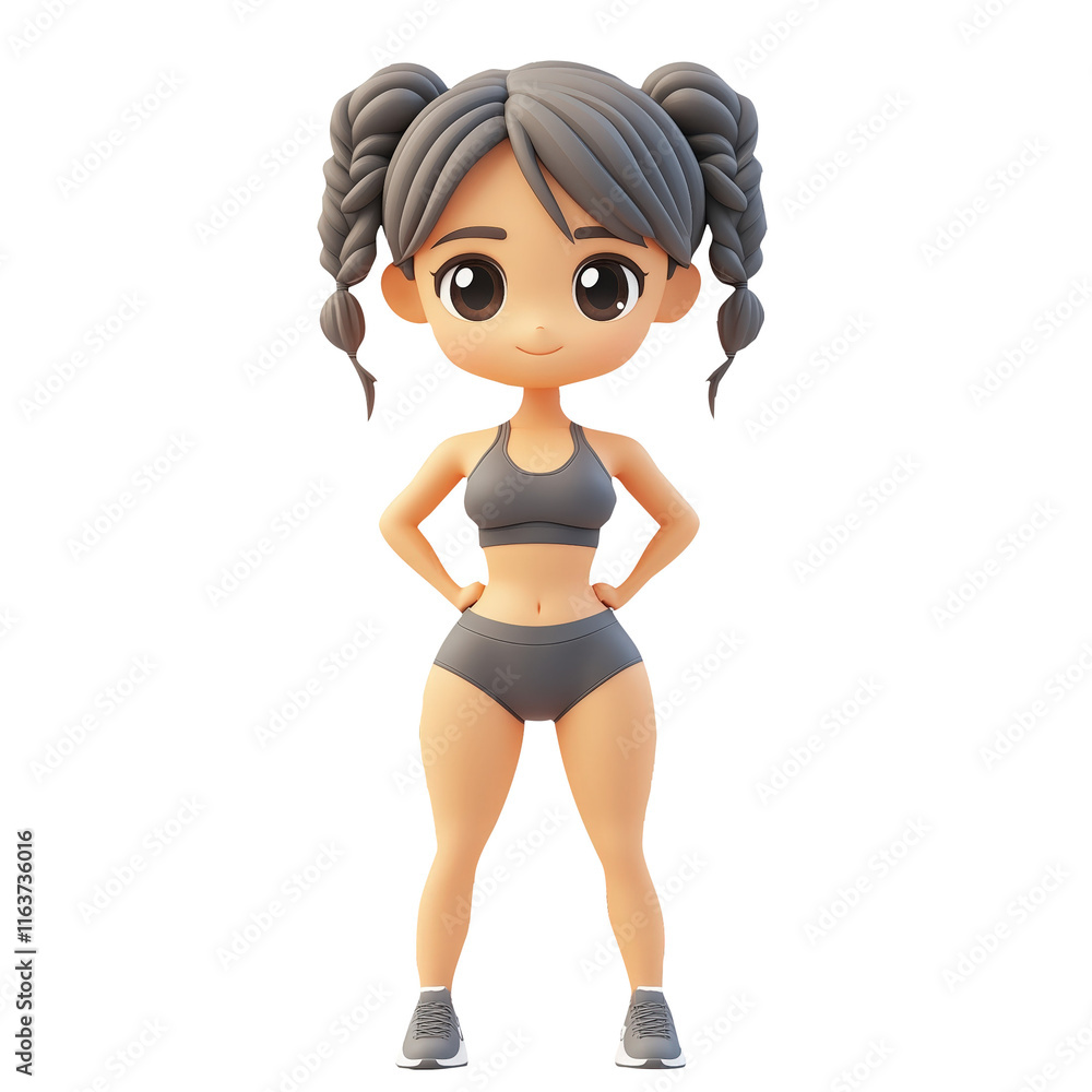 3d rendered cartoon girl in gray sportswear confidently posing with hands on hips, perfect for fitness and wellness themes 3d rendered cartoon girl in gray sportswear confidently posing with hands on hips, perfect for fitness and wellness themes