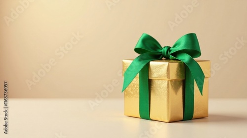 A gold gift box with a green ribbon, perfect for celebratory occasions