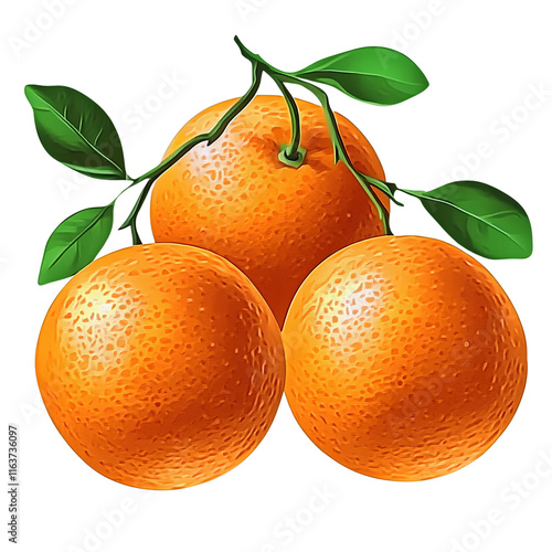 three juicy oranges with green leaves on white background
