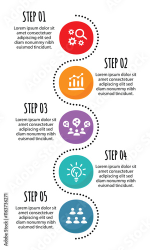 5 steps infographic template with 5 options. Flowchart that can be used for business report, data visualization and presentation. Timeline infographic elements vector illustration.