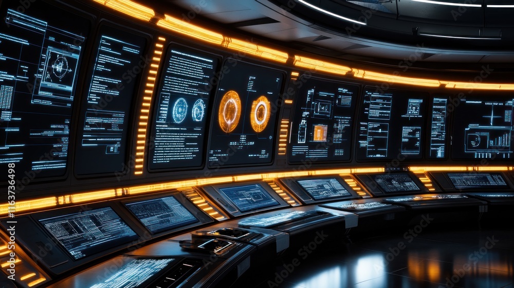 Naklejka premium Futuristic Control Room: A Sci-Fi Digital Command Center