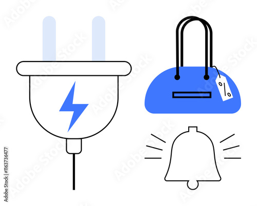 Electric plug with blue lightning bolt symbol, blue handbag with price tag, and ringing bell with sound lines. Ideal for energy, e-commerce, notifications, alerts, shopping, technology marketing