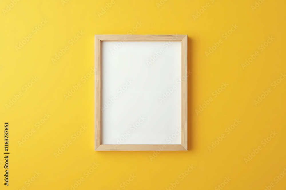 Empty Wooden photo frame mockup hanging on yellow wall background. Art, Poster Display. Modern Interiors Empty Wooden photo frame mockup hanging on yellow wall background. Art, Poster Display. Modern Interiors