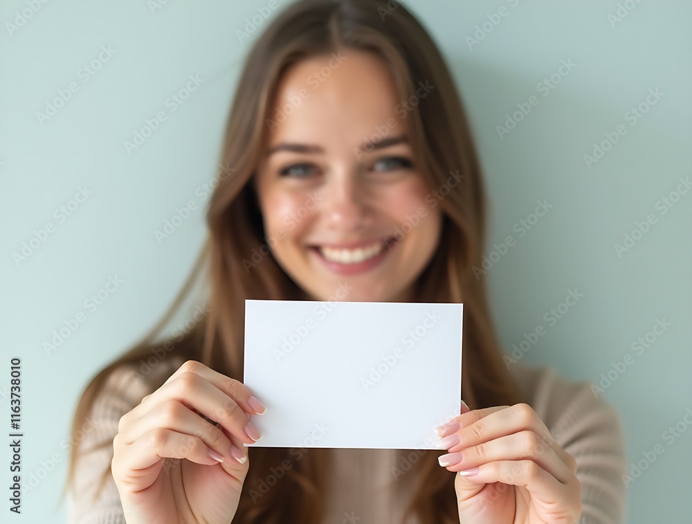 A close-up portrait of a woman holding a blank white card in front of her with a smile on her face A close-up portrait of a woman holding a blank white card in front of her with a smile on her face