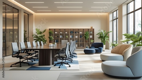 A contemporary, cozy workspace with a formal meeting room and a staff rest area
 photo