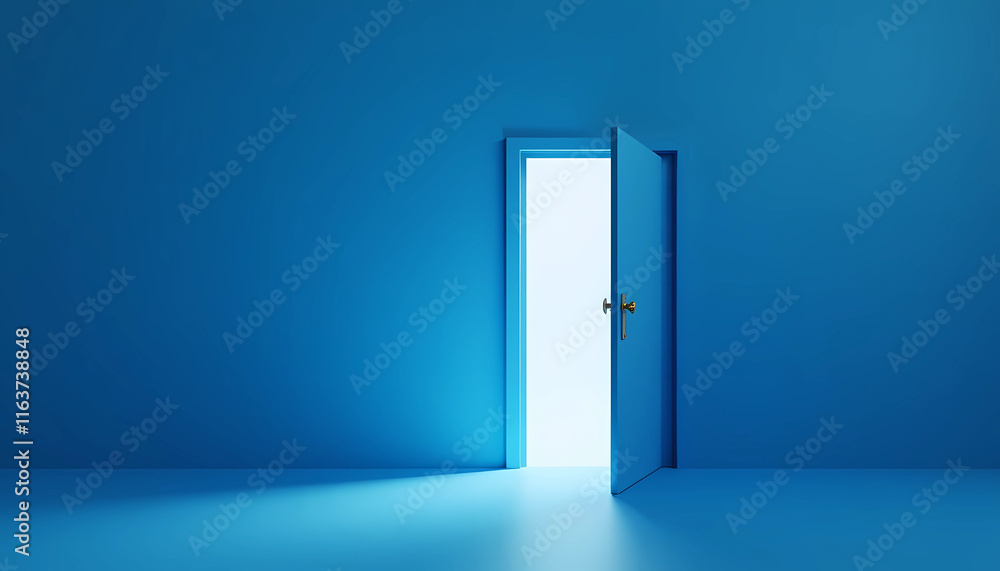 An open door in a blue room, with warm light streaming through, creating a welcoming atmosphere, generative ai An open door in a blue room, with warm light streaming through, creating a welcoming atmosphere, generative ai