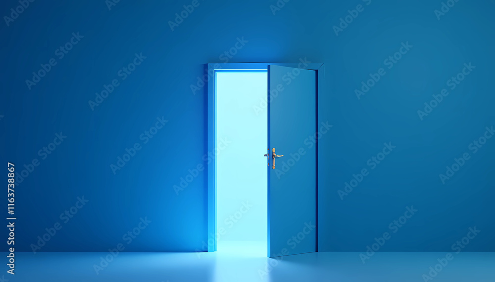 Naklejka premium A blue room featuring an open door, allowing bright light to illuminate the space, generative ai