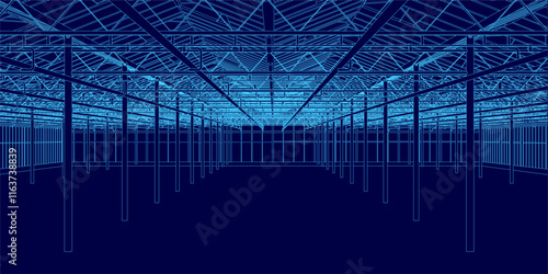The image is a representation of a large, empty building with a blue color scheme. The building appears to be a large warehouse or industrial space, with many windows