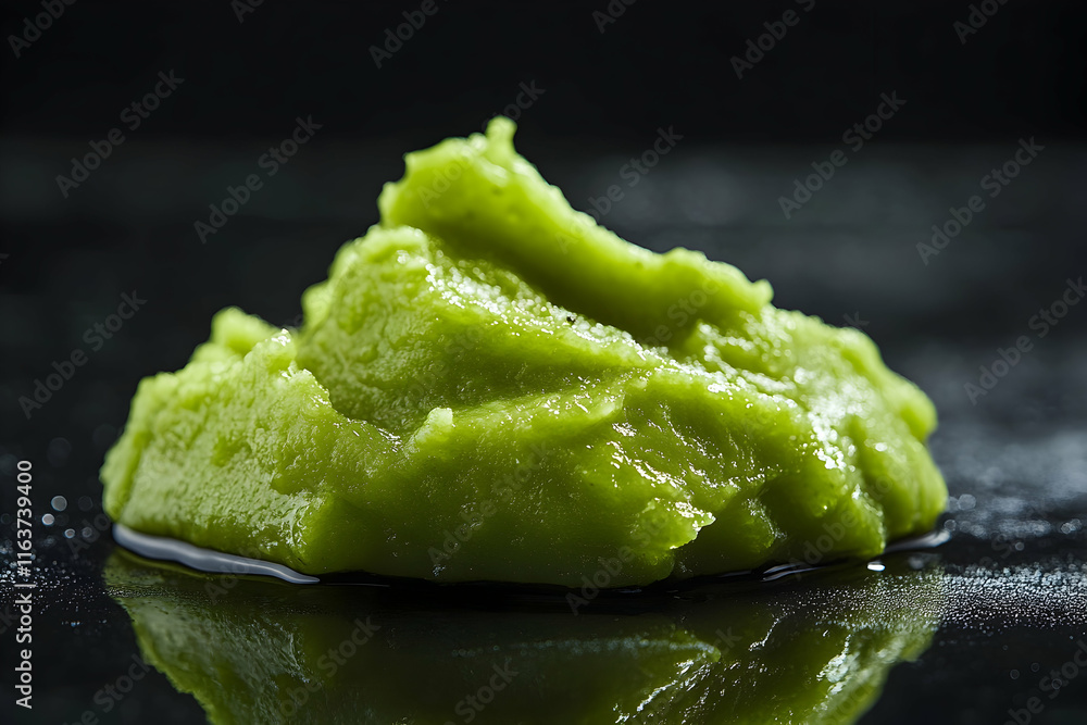 Close-up of spicy wasabi paste on a reflective black surface, emphasizing bold flavors and culinary artistry Close-up of spicy wasabi paste on a reflective black surface, emphasizing bold flavors and culinary artistry