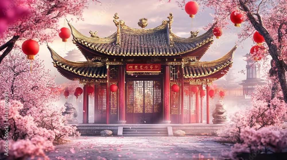 Elegant Chinese Pavilion Adorned with Red Lanterns, Surrounded by Traditional Garden Elements and Tranquil Atmosphere Elegant Chinese Pavilion Adorned with Red Lanterns, Surrounded by Traditional Garden Elements and Tranquil Atmosphere