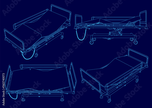 Four different views of a hospital bed. The bed is a hospital bed with a mattress and a headboard. The bed is designed to be adjustable and comfortable for patients