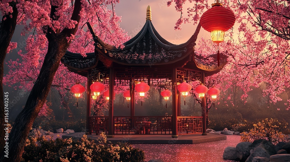 Elegant Chinese Pavilion Adorned with Red Lanterns, Surrounded by Traditional Garden Elements and Tranquil Atmosphere Elegant Chinese Pavilion Adorned with Red Lanterns, Surrounded by Traditional Garden Elements and Tranquil Atmosphere
