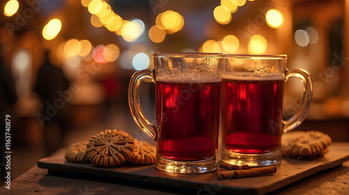 Two glasses of hot mulled spicy wine with cookies at a Christmas market illuminated at night in december photo