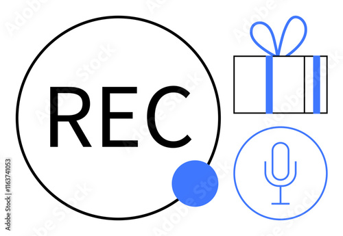 REC in a circle with recording dot, wrapped gift box with ribbon, and microphone icon. Ideal for podcasts, audiobooks, voice recording, presentations, content creation, media production tutorials