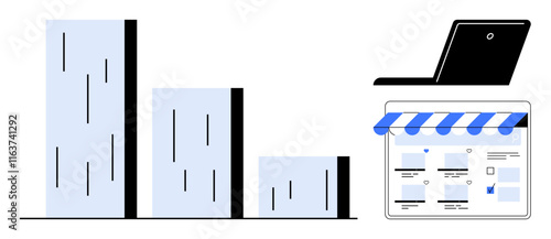 Bar chart with descending columns, open laptop, and digital storefront interface with blue awning. Ideal for online business analytics, ecommerce trends, marketing strategies, digital sales, website