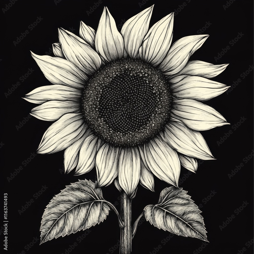 Fototapeta premium Monochrome illustration of a sunflower with detailed petals, stem, and leaves against a black background.
