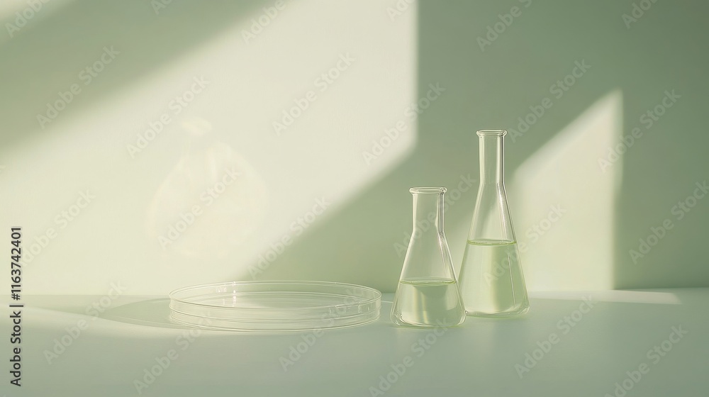 Glass laboratory flasks filled with pale liquid are placed on a clean surface. A petri dish sits nearby, all illuminated by soft natural light. The environment suggests a calm scientific setting Glass laboratory flasks filled with pale liquid are placed on a clean surface. A petri dish sits nearby, all illuminated by soft natural light. The environment suggests a calm scientific setting