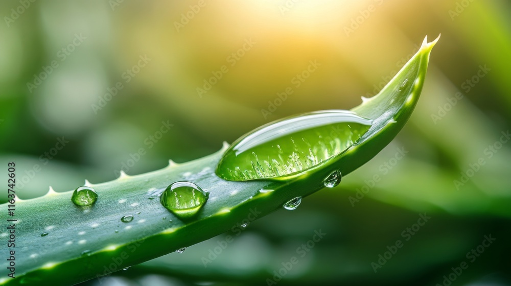 Fototapeta premium A close-up view of a vibrant aloe vera leaf adorned with sparkling water droplets, illuminated by gentle sunlight, surrounded by green foliage in a serene garden