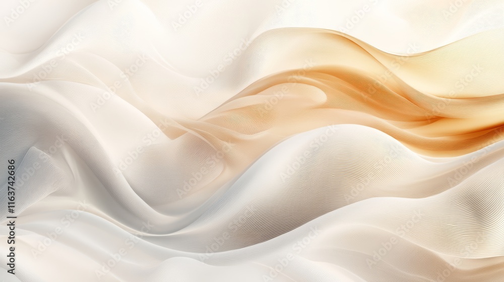 Obraz premium Soft, flowing fabric drapes gracefully with delicate white and warm golden hues, evoking elegance and calmness in a tranquil setting, perfect for backgrounds or design elements