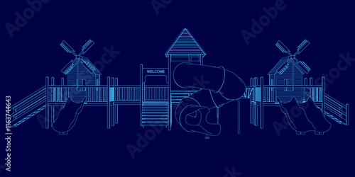 The image is a blue drawing of a playground with a slide and a merry go round. The slide is located in the middle of the playground, while the merry go round is situated on the right side