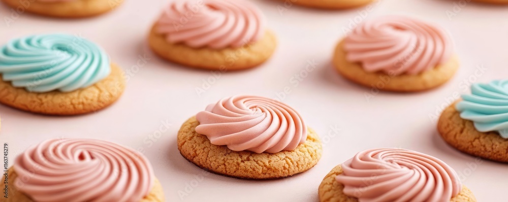 Minimal cookies concept. Colorful swirl-topped cookies arranged beautifully on a light background. Minimal cookies concept. Colorful swirl-topped cookies arranged beautifully on a light background.