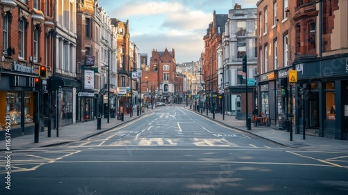 Urban street landscape with crossroad and traffic light, buildings with small shops, cafes and restaurants cartoon vector background, town poster with empty street space