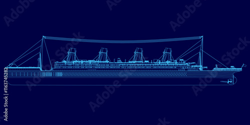 Blue drawing of a ship. The ship is a cruise ship and is shown in a very detailed manner